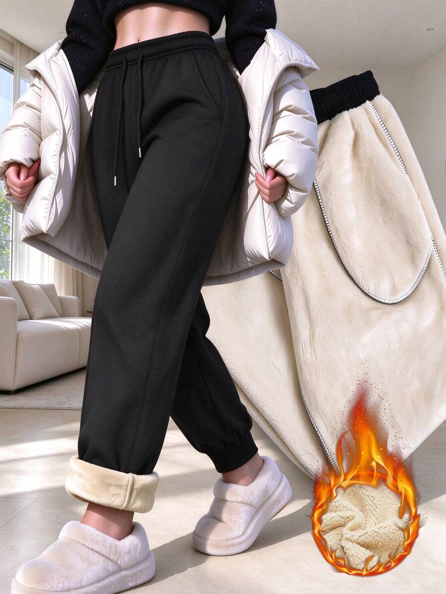 Women's Solid Color Drawstring Thermal Lined Long Pants, Thick Comfortable Cuffed Leg Pants, Suitable For Autumn/Winter Outdoor Activities And Daily Wear - Black - View 1