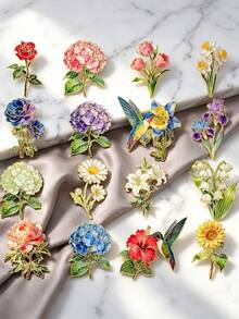 10pcs Random Style Floral & Hummingbird Brooch Set, Assorted Flower & Bird Designs, Versatile Decorative Accessories For Coats, Shawls, Blazers - 10pcs Random Styles - View 5