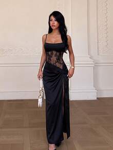 Autumn/Winter Black Spaghetti Strap Lace Sexy Slit Dress For Homecoming, Date, Party - Black - View 2