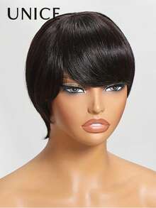 UNice Short Pixie Cut Bob Wig 100% Human Hair Wigs With Bangs Full Machine Made Layered Wavy Wigs For Women Natural Black - Natural Black - View 5