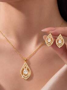 1pc Necklace 1 Pair Earrings Teardrop Rhinestone Jewelry Set Women Sparkling Elegant Wedding Party Statement Gift - Multicolor - View 9
