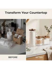 Bathroom Vanity Storage Set With 3 Clear Containers And Dark Wood-Look Lids, Rectangular Swab Dispenser And Two Round Holders For Makeup Pads And Cosmetic Balls, Everyday Organization For Sink Counters And Dressing Tables - Multicolor - View 6