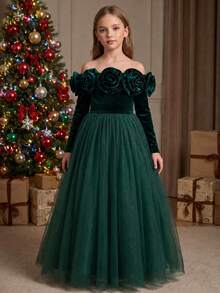 Tween Girl Dark Green Velvet Long Dress, Off-Shoulder 3D Rose Long Sleeve Mesh Children's Party Princess Gown - Dark Green - View 5