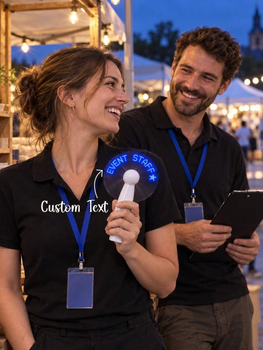1PC Custom LED Message Handheld Fan, Personalized Text, Blue Light Up Mini Fan With Star, Event Staff & Crew Gift, Team Accessory For Music Festivals, Concerts, Outdoor Events & Summer Parties - Multicolor - View 1