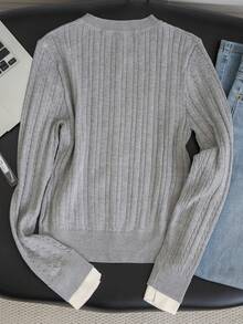 Women's Autumn/Winter Korean Style Casual Grey Colorblock Embroidered Cable Knit Long Sleeve Single-Breasted Cardigan - Grey - View 9