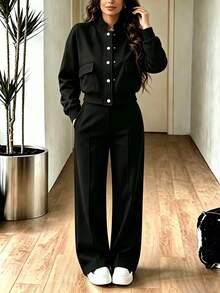 2pcs Falloutfits Women's Sports Set, Fashionable & Comfortable Solid Color Jacket And Casual Pants, Suitable For Autumn/Winter - Black - View 5
