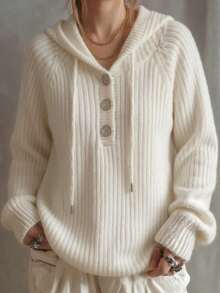 Plus Size Women's Hooded Ribbed Henley Neck Button Pullover Sweater, Autumn/Winter Essential, Casual Long Sleeve - White - View 9