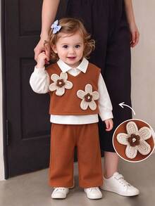 3pcs Baby Girl Vintage Casual Polo Collar Top, 3D Floral Ribbed Tank Top And Long Pants Set, Thin Autumn/Winter - Coffee Brown - View 5