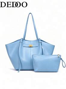 Dedoo Fashionable Large Capacity Trapezoid Bag Designer Style Lock Clasp Women's Shoulder Bag Luxury PU Leather Handbag Premium Underarm Bag - Blue - View 7