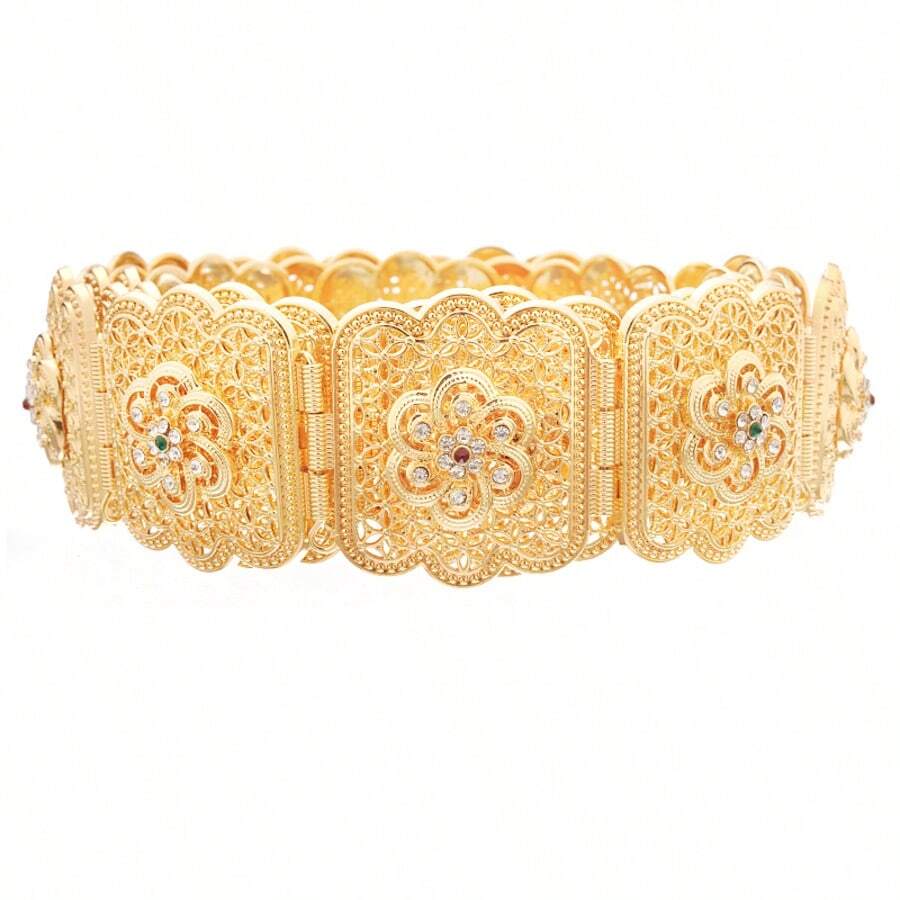 Moroccan Kaftan Rhinestone Belt, Square Floral Hollow Adjustable Metal ...