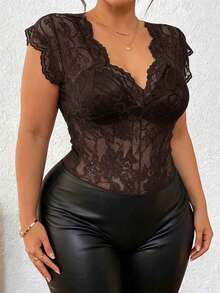 Lace Deep V-Neck Short Sleeve Sheer Bodysuit, Made Of Slightly Elastic Fabric, Sexy Women's Lace Bodysuit For Spring And Summer - Brown - View 3