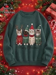 Women's Plus Size Christmas Sweater, 4 Christmas Cats Pattern, Long Sleeve Crew Neck Regular Fit, Ideal Choice For Autumn Outfits - Green - View 5