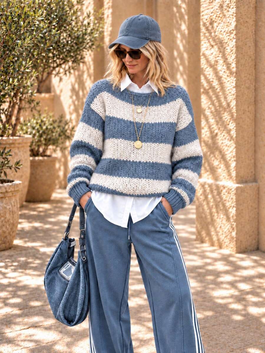 Women's Fashion Loose Casual Comfortable Striped Colorblock Pullover Sweater, Vintage Blue And White Striped Autumn Sweater - Multicolor - View 1