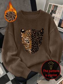 Women's Plus-Size Casual Faux-Knit Sweater Featuring A Leopard Print; Suitable For Outdoor Wear-A Stylish And Versatile Top For Autumn And Winter. - Brown - View 6
