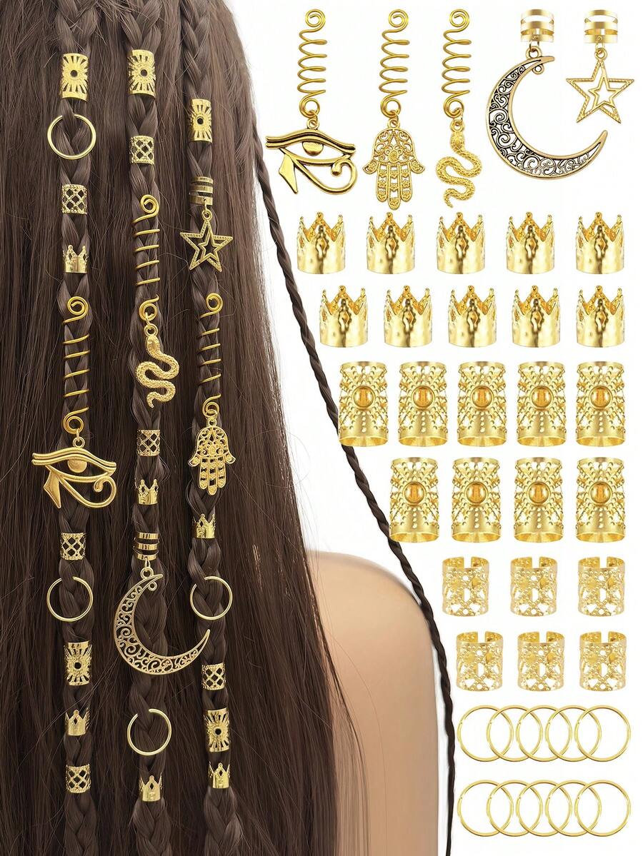 65pcs Gold Hair Jewelry For Braids Multi Style Dreadlock Beads Sprial Snake Moon Star Hair Decoration Metal Hair Rings Braid Accessories For Women - Gold - View 1