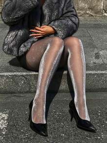 1 Pair Gradient Silver Glitter Black Sheer Tights, Elegant Luxury Style For Street Wear - Black - View 3