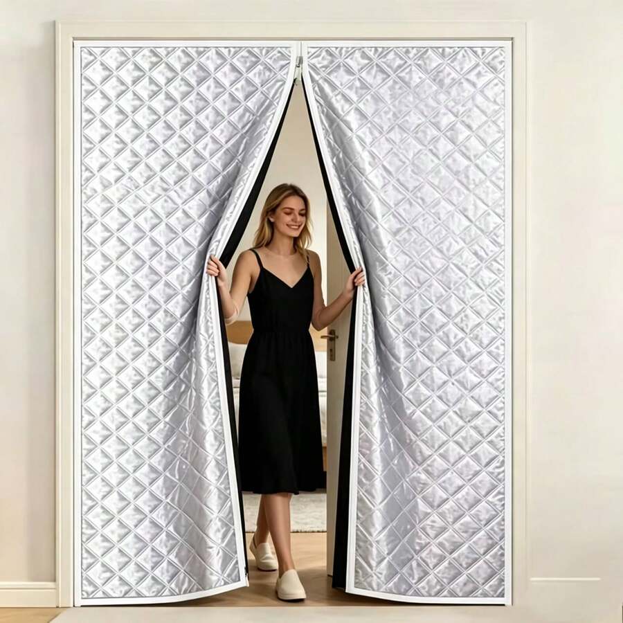 1pc White Edge Silver Winter Warm Zipper Windproof Door Curtain, Windproof Thermal Insulation Cold-Proof, No Hole Self-Adhesive Middle Zipper Design, Open And Close Design, Cold-Proof Wind-Resistant, Warm In Winter Cool In Summer, Heat Insulation Sound Insulation Noise Reduction, Effectively Lock Indoor Temperature With Back Adhesive Hook And Loop, Easy And Convenient Installation - White-trimmed Center Zipper Door Curtain - View 1