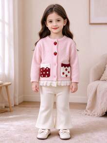 WUHUANG YIYI 2pcs/Set Baby Girls Pink Strawberry Handmade Button Pocket Decor Lace Trim Hem Knit Cardigan Top & Ribbed Flared Long Pants, Soft Sweet Cute Style Sweater Set For Autumn - Baby Pink - View 3
