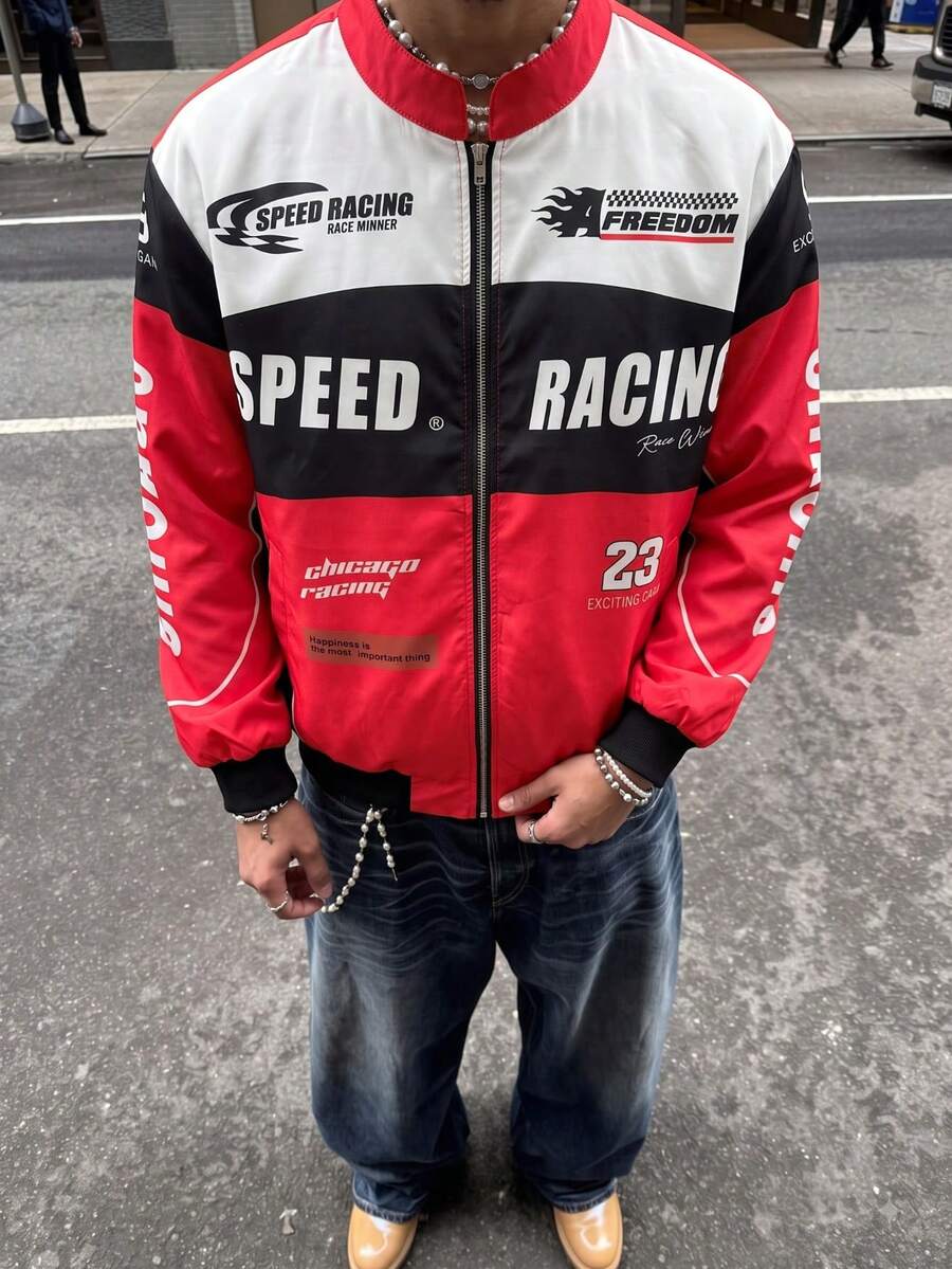 美式復古賽車夾克 中性款 配色拼接 全身印花 立領拉鍊街頭風機車夾克 - 彩色 - 查看 1