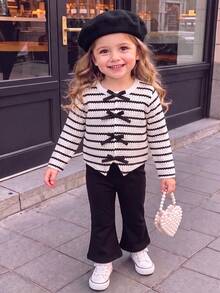 2pcs Baby Girl Cute Mori Style Knitted Striped Long Sleeve Top And Pants Set, Spring Autumn Minimalist - Black and White - View 1