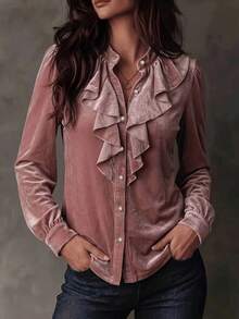 SwallowLucky Plus Size Velvet Ruffle Collar Blouse Women Vintage Pearl Button Puff Long Sleeve Autumn/Winter Top - Pink - View 1