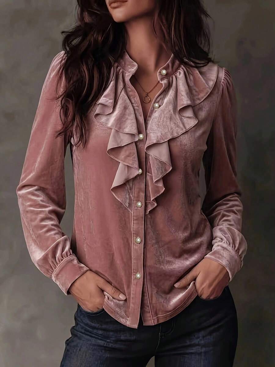 SwallowLucky Plus Size Velvet Ruffle Collar Blouse Women Vintage Pearl Button Puff Long Sleeve Autumn/Winter Top - Pink - View 1
