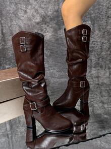 planare Women's Minimalist Solid Color Glossy Slouch Boots, Slip-On Pointed Toe Chunky Square Heel Side Zipper Metal Buckle High Shaft Brown Tall Boots - Brown - View 7