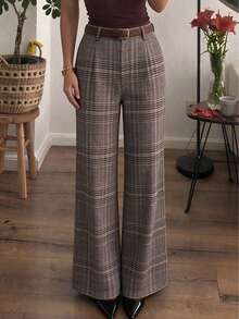 Women's Vintage Plaid Wide Leg Pants, Woven Fabric, With Buttons And Pockets, Suitable For Fashionable Outfits - Multicolor - View 1