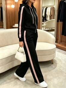 3-Season Women Hooded Zip-Up Sweatshirt Top Paired With Contrast Color Wide Leg Straight Pants 2 Pieces Set - Black - View 3