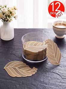 Tkvega • Home 12pcs Gold Hollow Leaf Coasters, PVC Material Leaf Coffee Cup Coasters, Washable, Easy To Clean, Wipeable, Non-Slip, Heat Resistant, Suitable For Room Decor, Home Table Decor, Home Decoration, Perfect For Holidays, Parties, Birthdays, Weddings And Dinner Parties - Multicolor - View 11