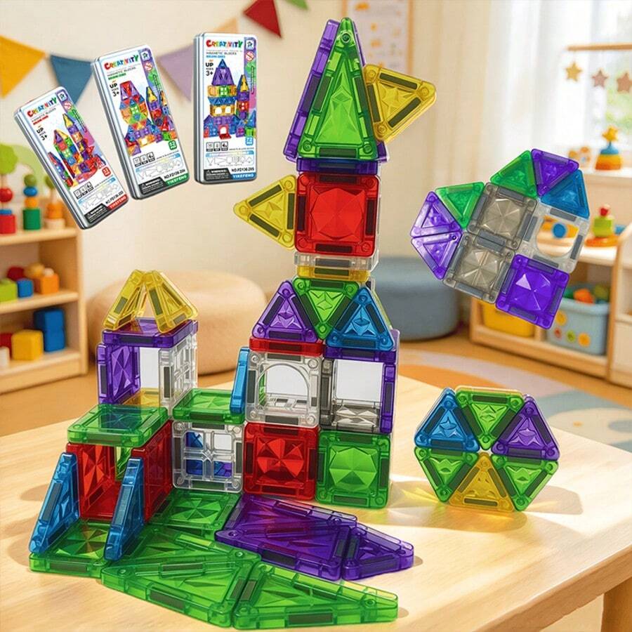 3.75cm Diamond Cut Multi-Color Magnetic Tiles Set, Rainbow Transparent Magnetic Blocks, Portable Iron Box Packaging, Free Assembly Model Toy, Suitable For Children Aged 3 And Above For Craft Activities