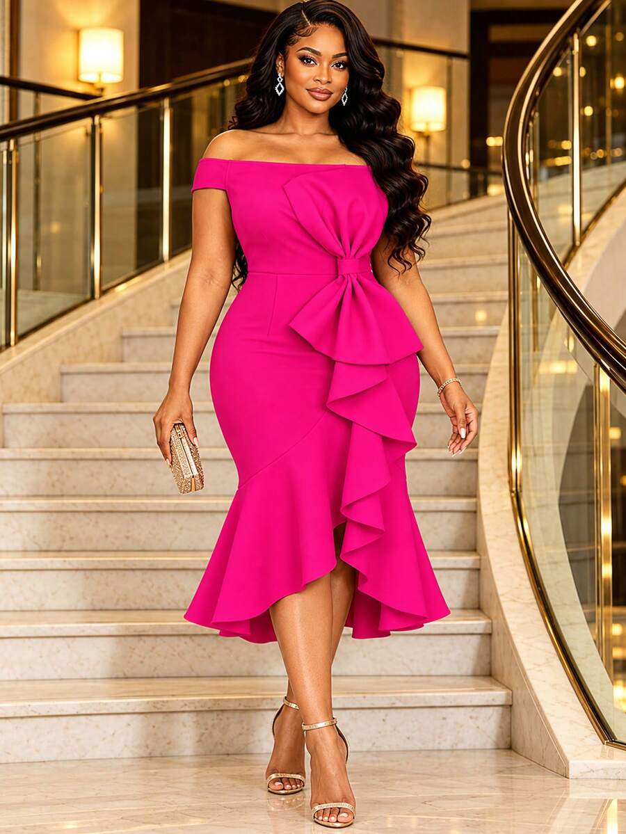 Women Elegant Rose Cold Shoulder Layered Ruffle Mermaid Mid-Length Dress With Large Bow Decor,Fitted Evening Gown For Wedding Guest,Birthday Party - Hot Pink - View 1