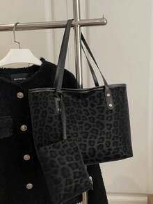 Women's Leopard Print Tote Bag, Soft Fabric, Rivet Details, With Small Storage Pouch, Large Capacity, Casual Style, Suitable For Work, Shopping - Black - View 5
