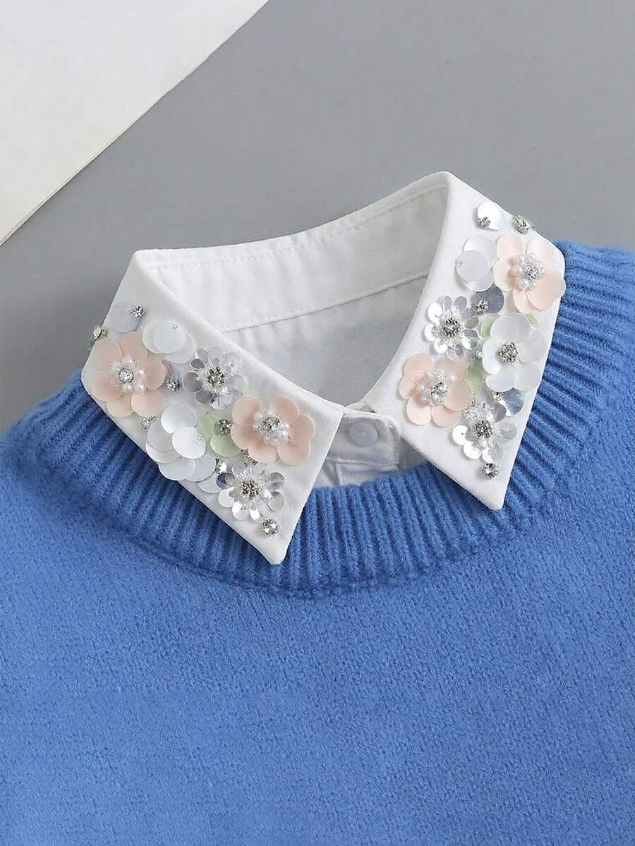 1pc New Autumn/Winter 3D Floral Sequin Beaded Detachable Collar, Versatile Shirt Decoration Collar, Sweater Inner Layer Collar Accessory - Multicolor - View 1