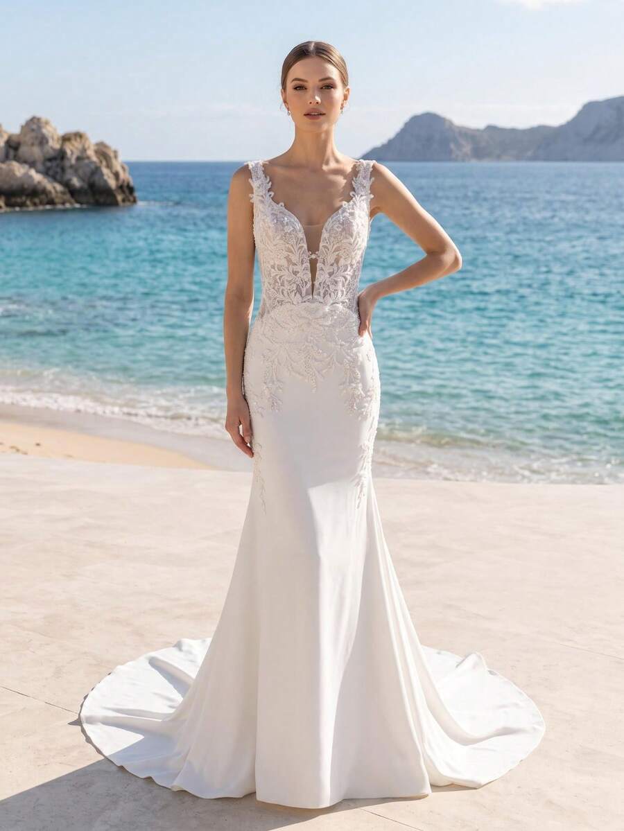 Nordiya Elegant Beige Mermaid Tail Cinched Waist Wedding Dress Deep V ...