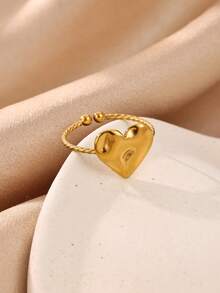 1PC Asymmetrical Puffy Heart Rings For Women, Gold Color Stainless Steel Twisted Rope Heart Open Ring Minimalist Daily Jewelry Gift - Multicolor - View 5
