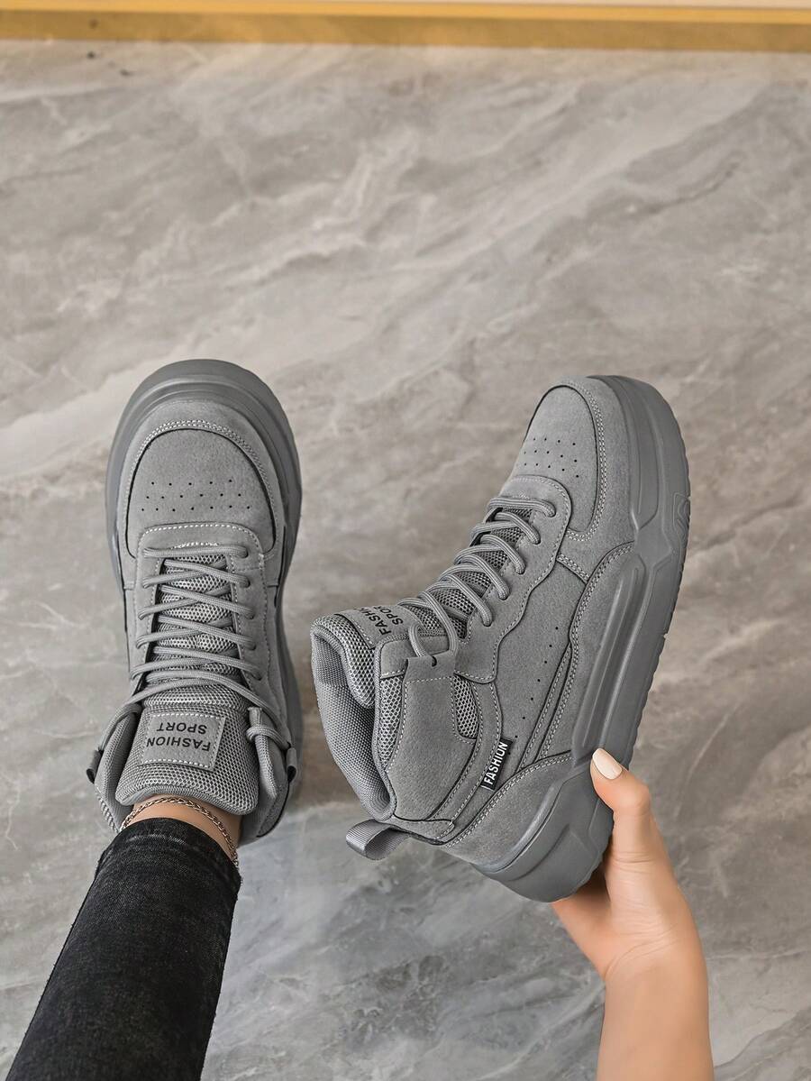 Women's Fashion High-Top Shoes, Grey Suede With Breathable Mesh, Chunky Platform Street Style