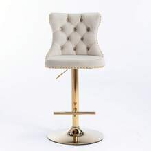 Set Of 2 Velvet Bar Stools / Luxury Bar Stools / Ergonomic Design / Handmade Buckles / Adjustable Seat Height /  Frame / Suitable For Bar, Counter - White + Gold - View 9