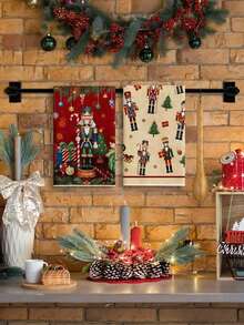 2PCS Kitchen Hand Towels With Soldier And Christmas Tree Patterns, Decorated With Balls. Durable Indoor And Outdoor Decorative Towels, Suitable For Kitchen, Furniture, Christmas Party Decoration, Holiday Themes, And Home Decor. - Red - View 1