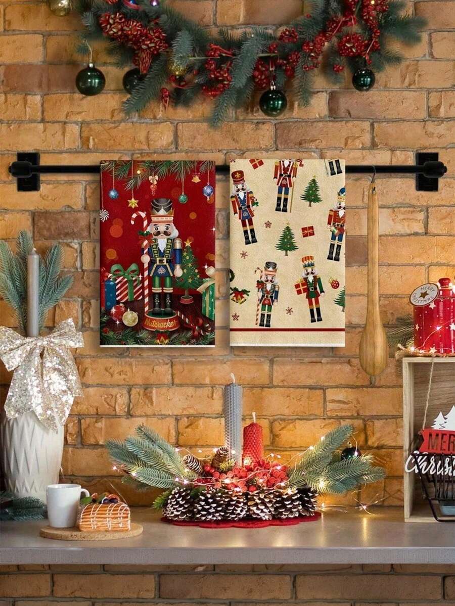 2PCS Kitchen Hand Towels With Soldier And Christmas Tree Patterns, Decorated With Balls. Durable Indoor And Outdoor Decorative Towels, Suitable For Kitchen, Furniture, Christmas Party Decoration, Holiday Themes, And Home Decor. - Red - View 1