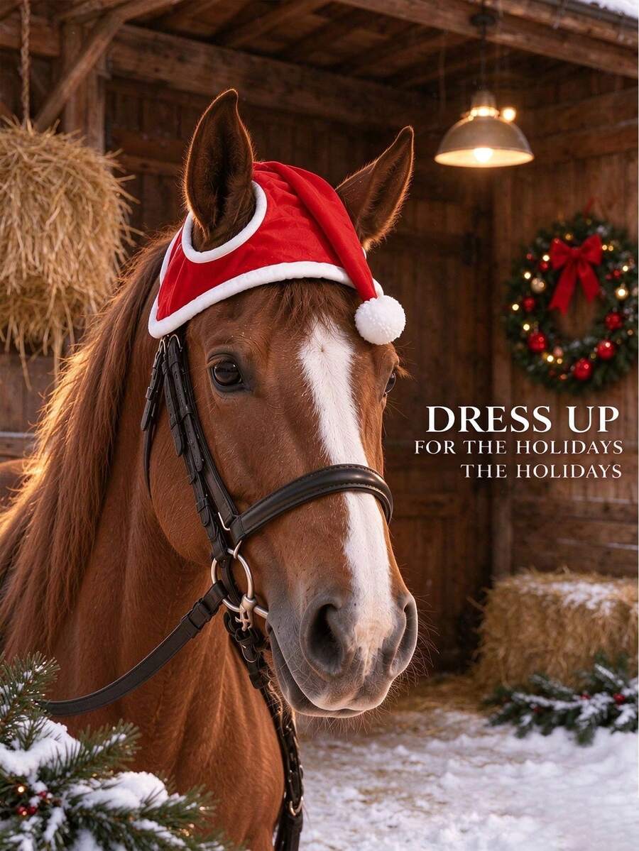 Equestrian Christmas Decoration Hat, Soft Fleece Fabric With Classic White Trim And Pom-Pom Design, Hollow Structure Non-Obstructive To Horse Movement, Secure Fit And Non-Slip, Ideal For Christmas Parties, Outdoor Riding, And Holiday Photoshoots - Multicolor - View 1