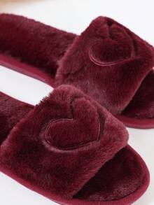 Women's Burgundy Heart Plush One-Strap Open Toe Slippers, Soft Fluffy Indoor House Slippers, Warm And Non-Slip For Autumn/Winter - Burgundy - View 8