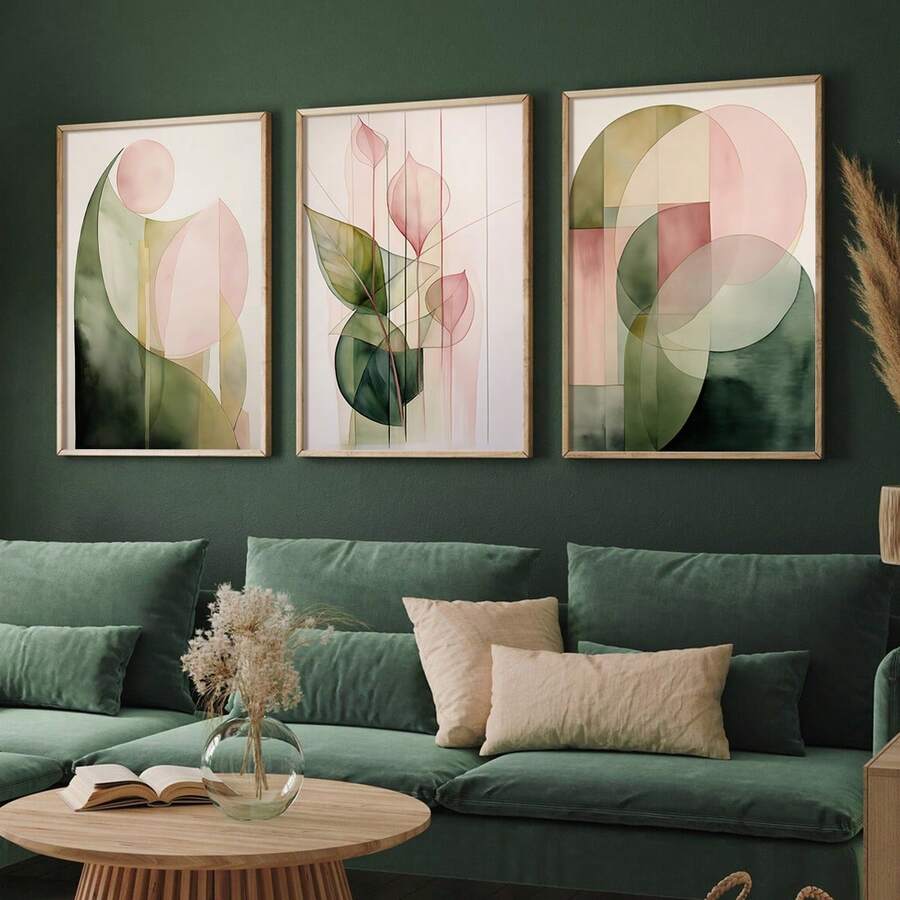 3Pcs Blush Pink Green Abstract Botanical Canvas Wall Art, Watercolor Geometric Plant Prints, Mid Century Modern Boho Poster For Living Room, Bedroom, Home Decoration, Posters & Prints, Frameless - 263 - View 1