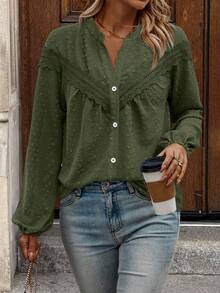 Women's Long Sleeve Button Front Patchwork Shirt, Casual Daily Wear Blouse - Army Green - View 4