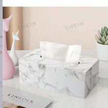 White Marble Pattern Tissue Box, Faux PU Leather Wooden Napkin Holder With White Stitching - White Marble - View 5