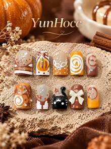 YunHocc 10Pcs Handmade Short Square Press On Nails, Caramel Chocolate Color Scheme, 3D Black Cat, Bow & Candy Relief False Nail Set, Reusable Fake Nails For Trip, Party, Photoshoot & Unique Outfits - Multicolor - View 7