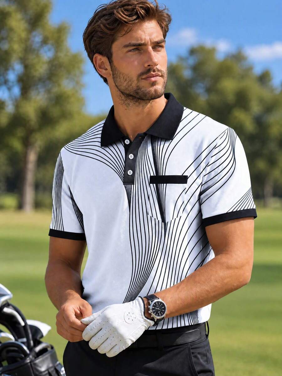 KOVSEE Men's Golf Polo Short Sleeve, Artistic Curved Line All-Over Print, Contrast Color Collar, Chest Pocket, Button Placket, Comfortable Fabric, Casual Sports Business Daily Commute Style - Black and White - View 1