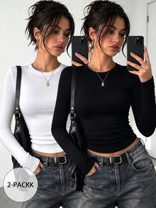 2pcs Women's Round Neck Long Sleeve T-Shirt, Spring/Autumn New Solid Color Casual Versatile Slim Fit Cropped Top, Fashion Daily Wear - Multicolor - View 1