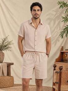 glestore Men's Vintage Casual "Old Money Style" Shirt Set, Textured Fabric, Fashionable Vacation Outfit, Versatile Wardrobe Essential - Beige - View 1