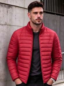1pc Men's Autumn/Winter Stand Collar Quilted Cotton Jacket, Thick Padded Lightweight Warm Coat, Suitable For Daily Versatile Work Commute - Red - View 2